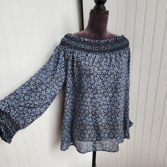 Michael Kors Women’s Blue Gold Off Shoulder Smocked Stretch Semi Sheer Sz L - Picture 4 of 12